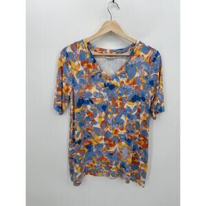 LOGO by Lori Goldstein Tunic Top Women Small Floral Printed Sharkbite Hem Pocket